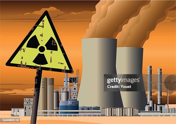 nuclear power station and radioactive sign - chemical plant stock illustrations