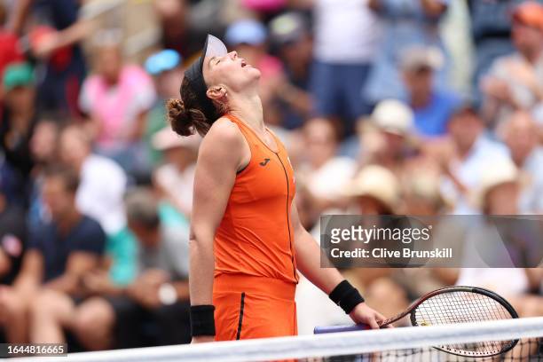 Beatriz Haddad Maia of Brazil reacts after match point against Sloane Stephens of the United States during their Women's Singles First Round match on...