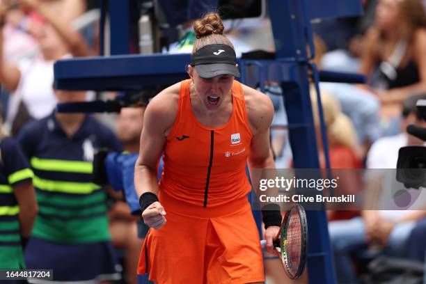 Beatriz Haddad Maia of Brazil celebrates after defeating Sloane Stephens of the United States during their Women's Singles First Round match on Day...