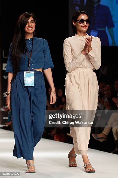 Designer Nishka Lulla on the runway during day two of the Lakme Fashion Week Summer/Resort 2013 on March 23, 2013 at Grand Hyatt in Mumbai, India.