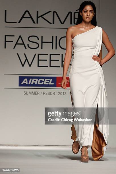Model showcases designs by Nikhil Thampi on the runway during day two of the Lakme Fashion Week Summer/Resort 2013 on March 23, 2013 at Grand Hyatt...