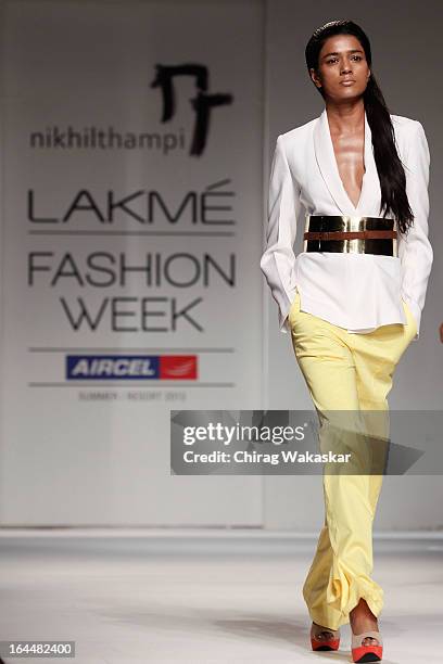 Model showcases designs by Nikhil Thampi on the runway during day two of the Lakme Fashion Week Summer/Resort 2013 on March 23, 2013 at Grand Hyatt...