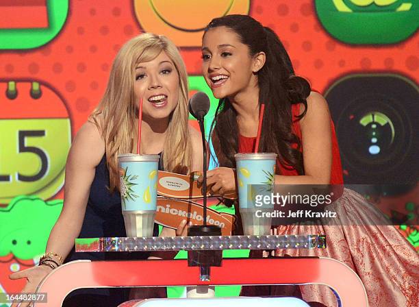 Actors Jennette McCurdy and Ariana Grande onstage at Nickelodeon's 26th Annual Kids' Choice Awards at USC Galen Center on March 23, 2013 in Los...