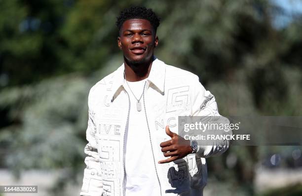 Fance's midfielder Aurelien Tchouameni arrives in Clairefontaine-en-Yvelines on September 4, 2023 as part of the team's preparation for upcoming UEFA...