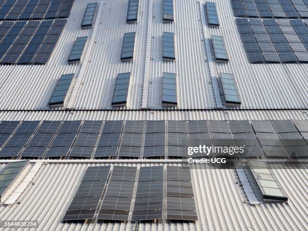 Array of solar panels on the rooftop of the Horizon Cruise Terminal in Southampton, England.