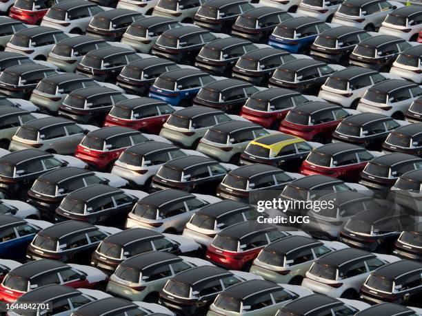 Parked imported cars on the quayside at Zeebrugge docks, Belgium.