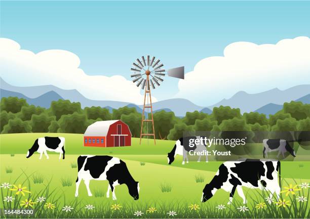 stockillustraties, clipart, cartoons en iconen met idyllic farm scene - runderen gedomesticeerd