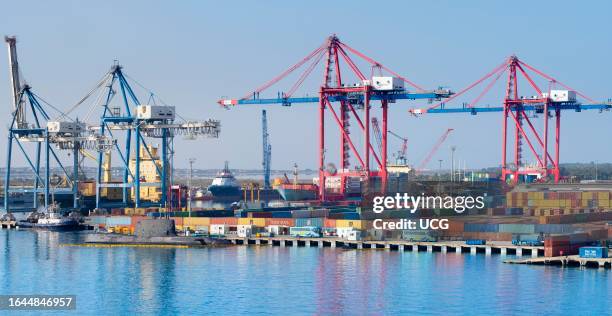 Giant gantry cranes lined up in Limassol container port, Cyprus.