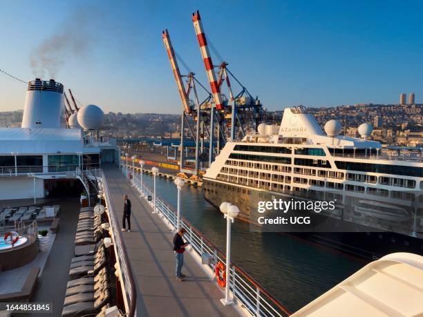 Giant gantry cranes in Haifa container port, Israel , viewed from our berthing cruise ship.