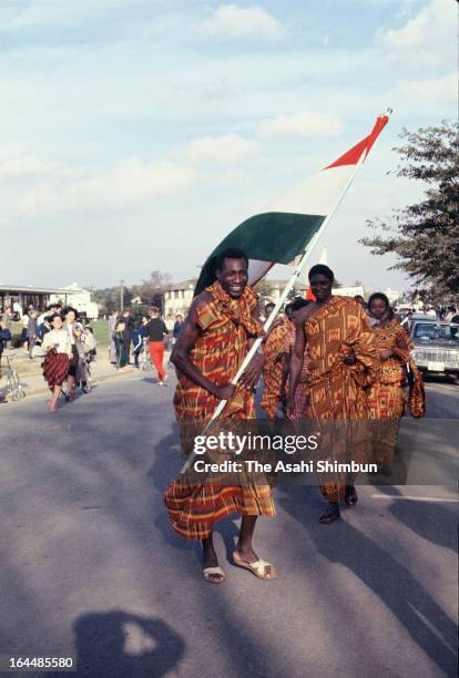 Athletes from Ghana are seen at the Athletes Village welcome ceremony ahead of Tokyo Olympic on October 1, 1964 in Tokyo, Japan.