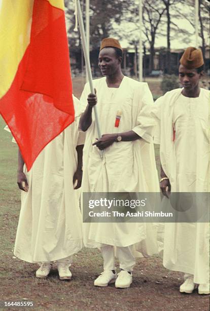 Athletes from Chad are seen at the Athletes Village welcome ceremony ahead of Tokyo Olympic on October 1, 1964 in Tokyo, Japan.