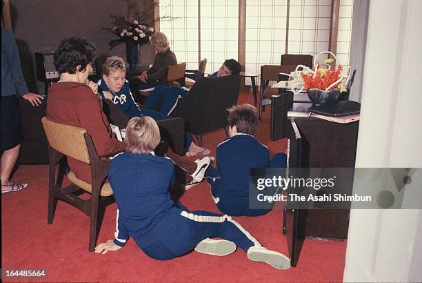Athletes from Soviet Union and Roumania listen to the music at the lobby of the Athletes Village ahead of Tokyo Olympic on October 1, 1964 in Tokyo,...