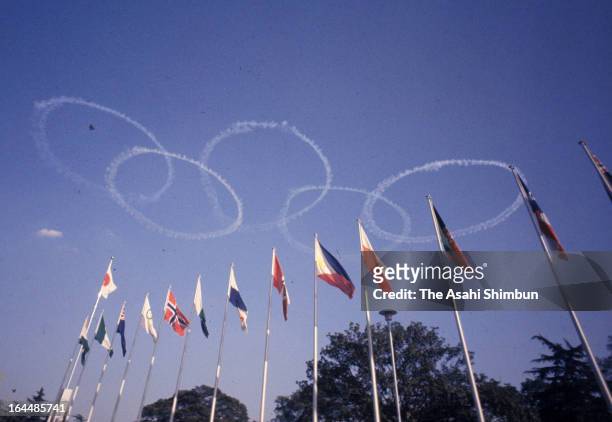 General view during the Tokyo Olympic Opening Ceremony at the National Stadium on October 10, 1964 in Tokyo, Japan.