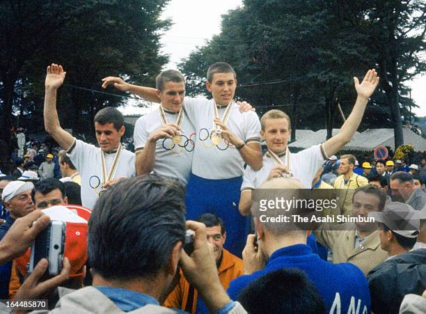 Team Netherlands celebrates winning the Cycling Road Team Time Trial at Hachioji Road Race Course during Tokyo Olympic on October 14, 1964 in...