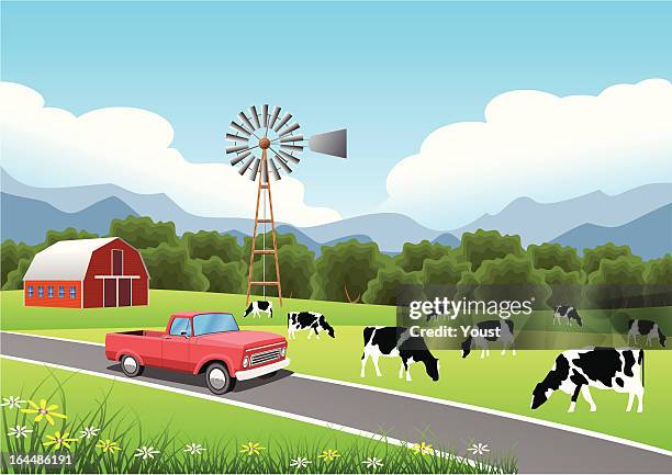 idyllic farm scene with truck in the foreground. - holstein friesian cattle stock illustrations