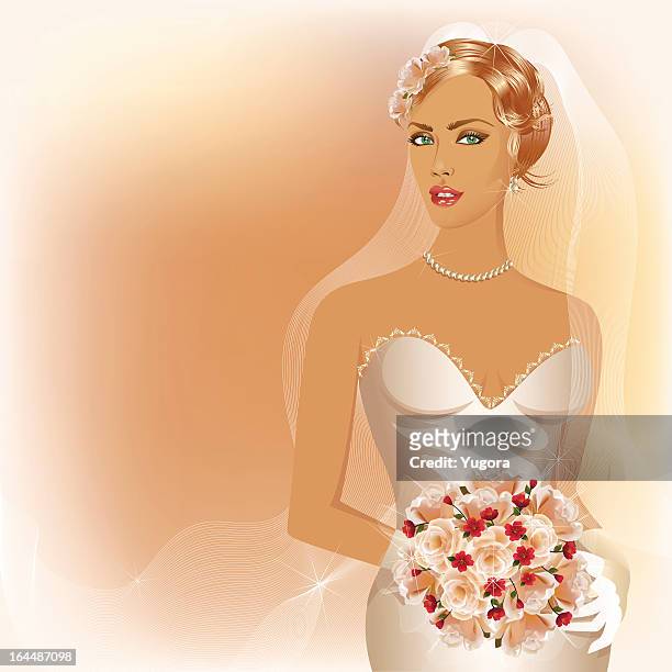 bildbanksillustrationer, clip art samt tecknat material och ikoner med wedding background with glamour bride holding  boouquet of roses - strapless