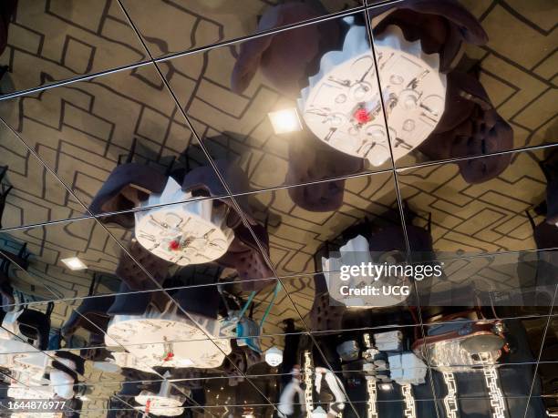 Ceiling reflections in an exclusive restaurant in an ocean liner cruising the North Sea.