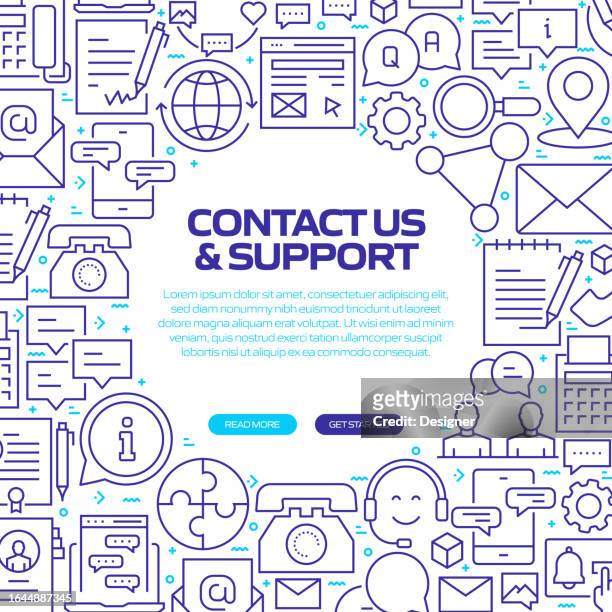 contact and support web banner with linear icons, trendy linear style vector - office backgrounds stock illustrations