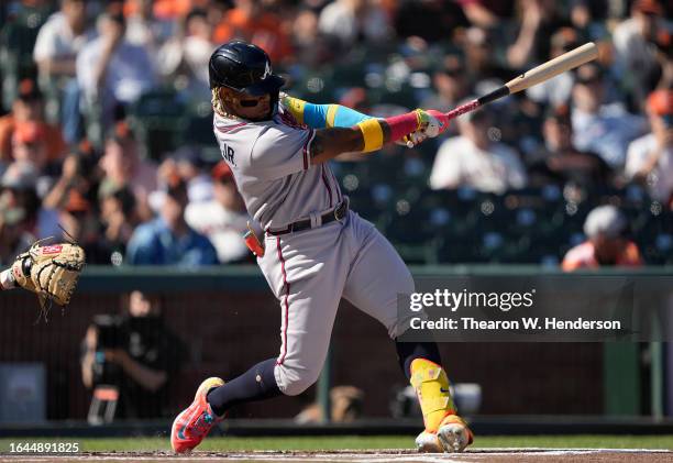 Ronald Acuna Jr. #13 of the Atlanta Braves bats against the San Francisco Giants in the top of the first inning at Oracle Park on August 27, 2023 in...