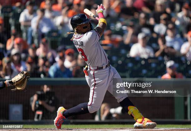 Ronald Acuna Jr. #13 of the Atlanta Braves bats against the San Francisco Giants in the top of the first inning at Oracle Park on August 27, 2023 in...