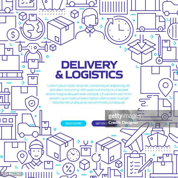 delivery and logistics web banner with linear icons, trendy linear style vector - warehouse background stock illustrations