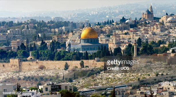 Panoramic view of the Old City of Jerusalem, Israel , viewed from Haas Avenue in late afternoon.
