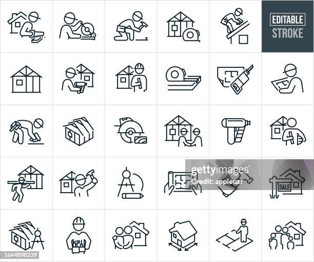 holzrahmenkonstruktion dünne liniensymbole - bearbeitbarer strich - architekt helm plan stock-grafiken, -clipart, -cartoons und -symbole