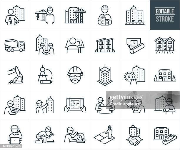 illustrations, cliparts, dessins animés et icônes de icônes de ligne mince de construction de bâtiment - contour modifiable - entrepreneur en bâtiment