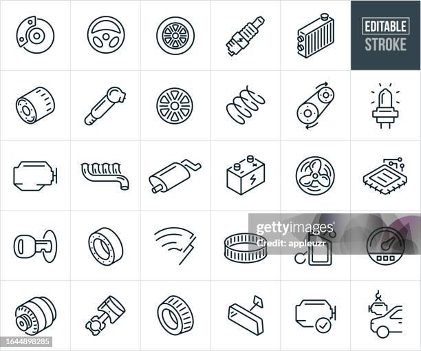 ilustrações, clipart, desenhos animados e ícones de auto parts thin line icons - traçado editável - volante-parte-de-veículo