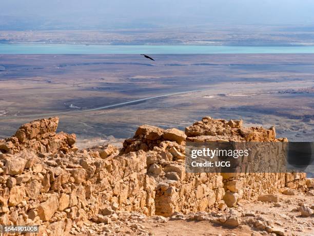 View with Eagle from the top of Masada of the Judean Desert and Dead Sea below.