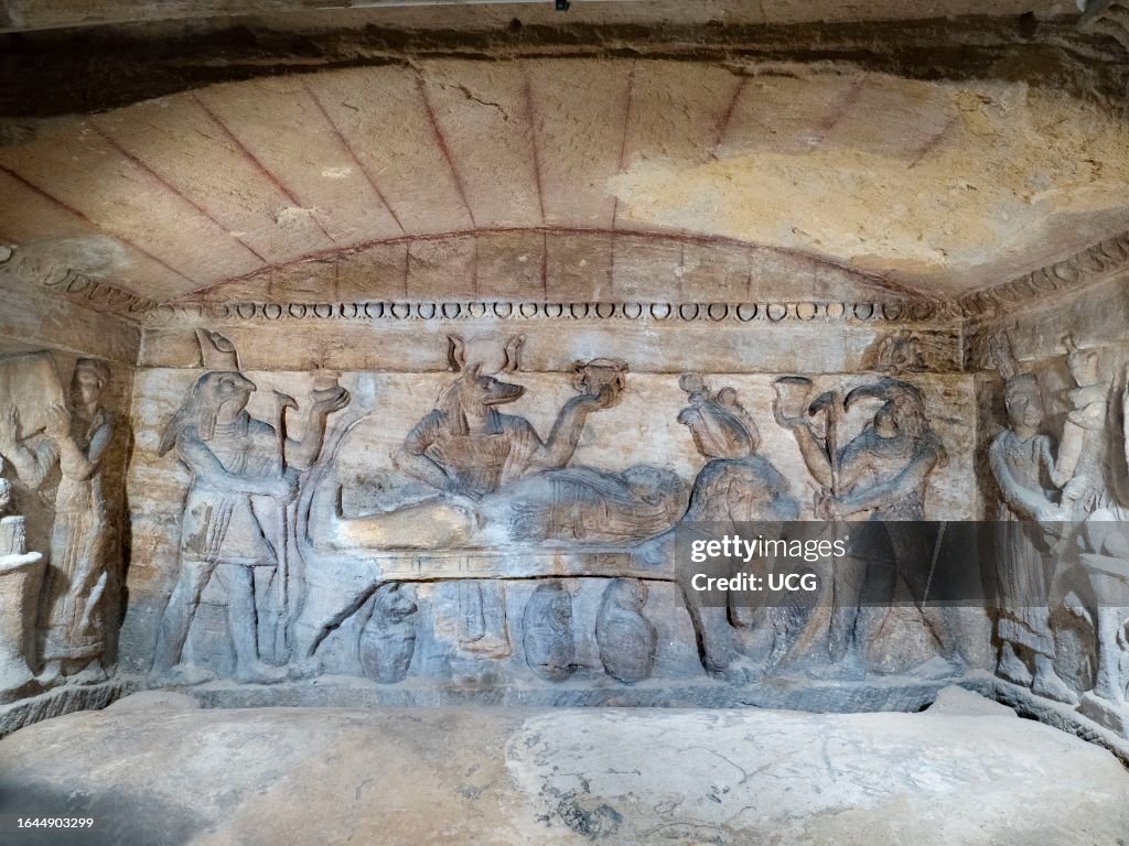 Carved tombs of the Kom El Shoqafa catacombs of Alexandria, Egypt