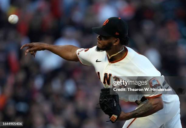 Camilo Doval of the San Francisco Giants pitches against the Atlanta Braves in the top of the ninth inning at Oracle Park on August 27, 2023 in San...