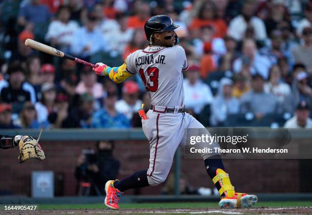 Ronald Acuna Jr. #13 of the Atlanta Braves bats against the San Francisco Giants in the top of the fifth inning at Oracle Park on August 27, 2023 in...