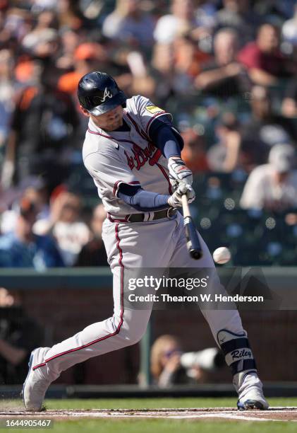 Austin Riley of the Atlanta Braves bats against the San Francisco Giants in the top of the first inning at Oracle Park on August 27, 2023 in San...