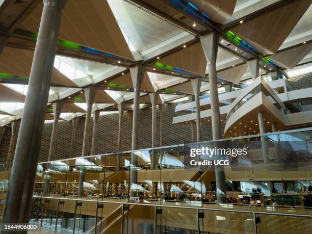 Interior, the reading room of the Bibliotheca Alexandrina Library by the Mediterranean in Alexandria, Egypt.