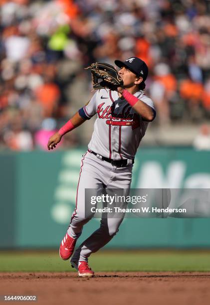 Nicky Lopez of the Atlanta Braves reacts to the ball off the bat against the San Francisco Giants in the bottom of the third inning at Oracle Park on...