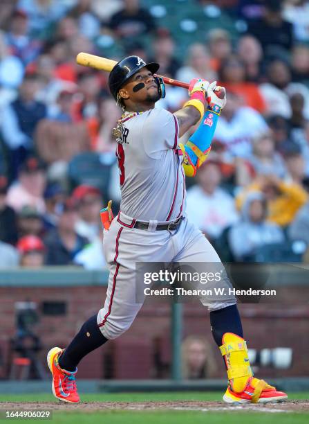Ronald Acuna Jr. #13 of the Atlanta Braves bats against the San Francisco Giants in the top of the seventh inning at Oracle Park on August 27, 2023...
