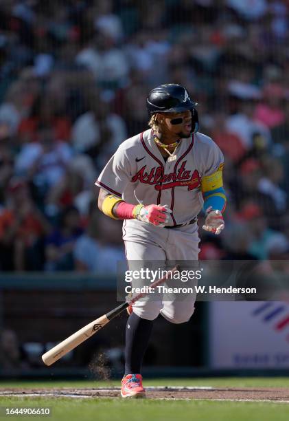 Ronald Acuna Jr. #13 of the Atlanta Braves bats against the San Francisco Giants in the top of the fourth inning at Oracle Park on August 27, 2023 in...