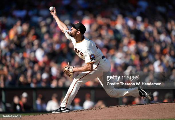 Tristan Beck of the San Francisco Giants pitches against the Atlanta Braves in the top of the third inning at Oracle Park on August 27, 2023 in San...