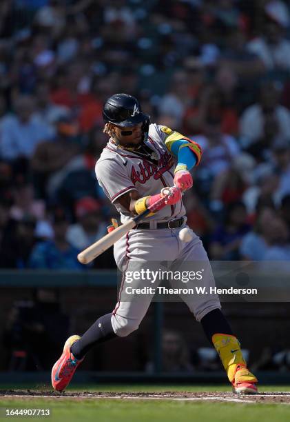 Ronald Acuna Jr. #13 of the Atlanta Braves bats against the San Francisco Giants in the top of the fourth inning at Oracle Park on August 27, 2023 in...
