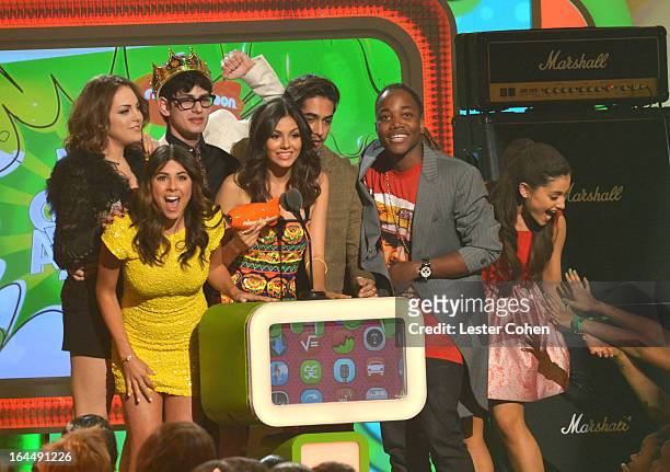Actress Victoria Justice and fellow "Victorious" cast members perform during Nickelodeon's 26th Annual Kids' Choice Awards at USC Galen Center on...