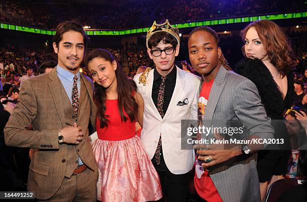 Actors Avan Jogia, Ariana Grande, Matt Bennett, Leon Thomas III and Elizabeth Gillies attend Nickelodeon's 26th Annual Kids' Choice Awards at USC...