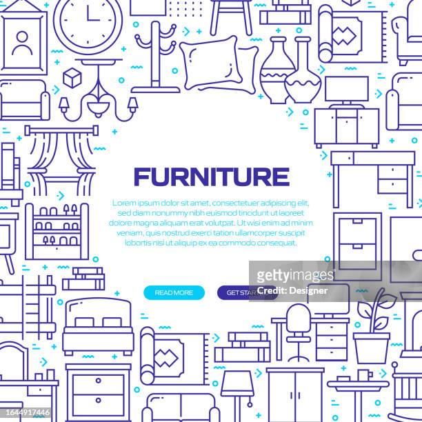 furniture web banner with linear icons, trendy linear style vector - minimalist bedroom desk stock illustrations