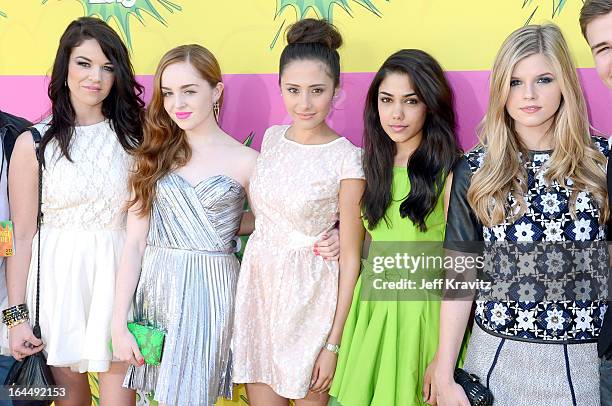 House of Anubis' cast members Jade Ramsey, Louisa Connolly-Burnham, Klariza Clayton, Tasie Lawrence, and Ana Mulvoy-Ten arrives at Nickelodeon's 26th...
