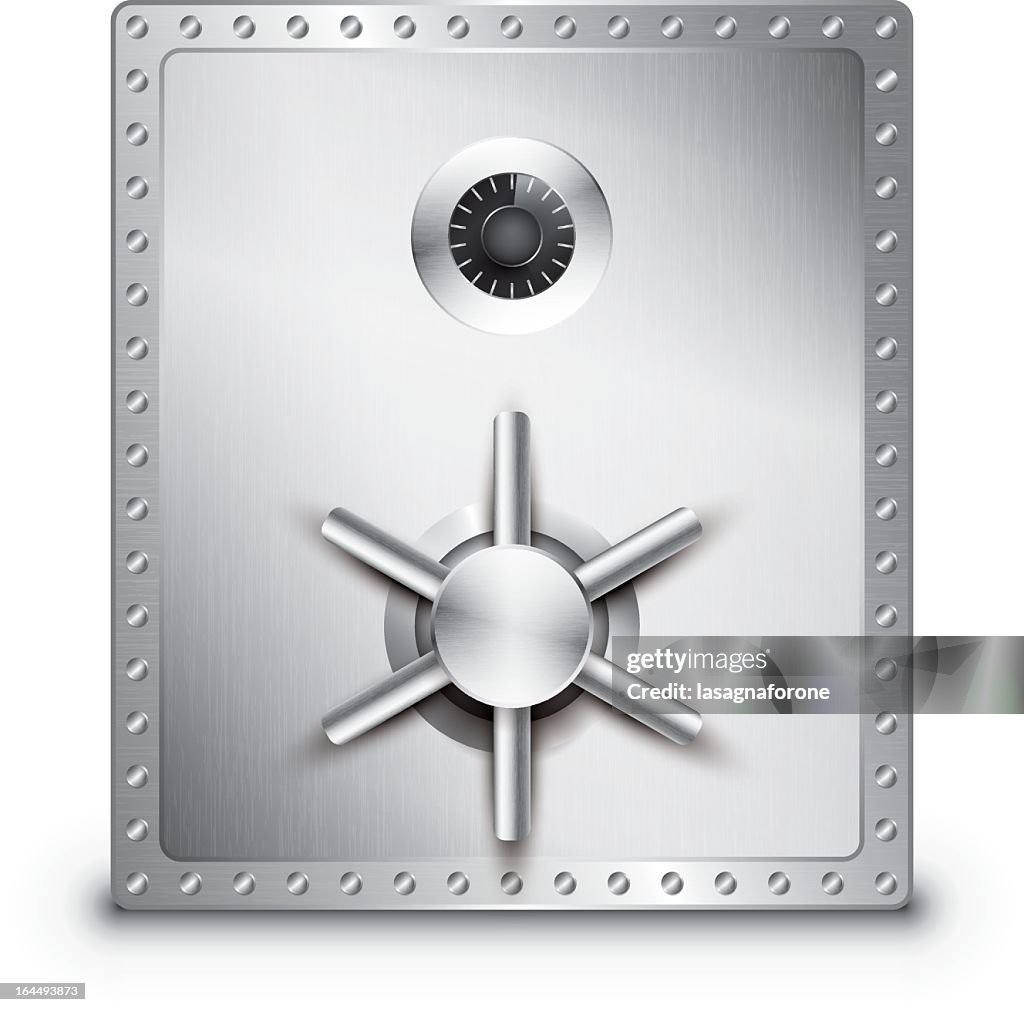 A Large Stainless Steel Locked Safe On A White Background High-Res ...