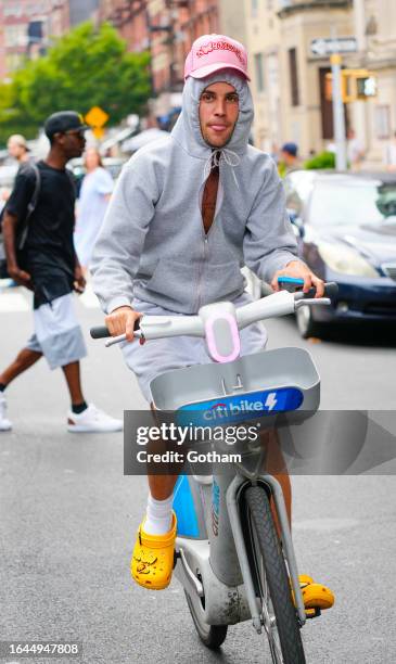 Justin Bieber is seen riding a Citibike on August 28, 2023 in New York City.