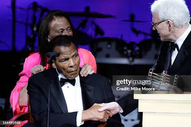 Lonnie Ali, Muhammad Ali and Comedian Steve Martin attend Muhammad Ali's Celebrity Fight Night XIX at JW Marriott Desert Ridge Resort & Spa on March...