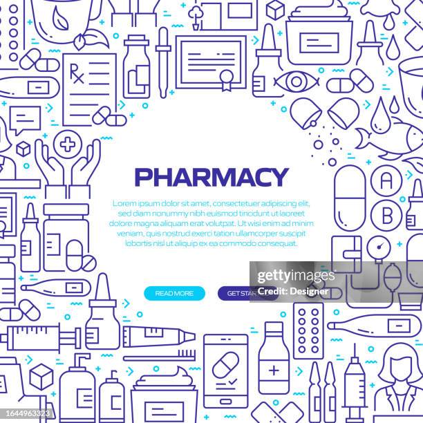 pharmacy web banner with linear icons, trendy linear style vector - pharmacist patient stock illustrations