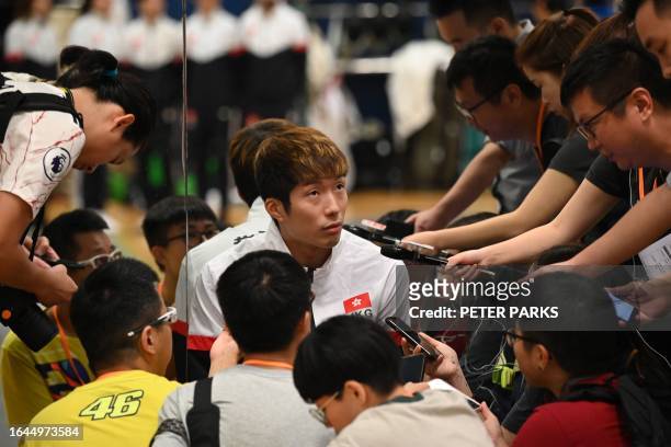 Hong Kong fencer and Tokyo 2020 Olympic gold medallist Edgar Cheung Ka-long speaks to media at an event in Hong Kong on September 4 ahead of the...