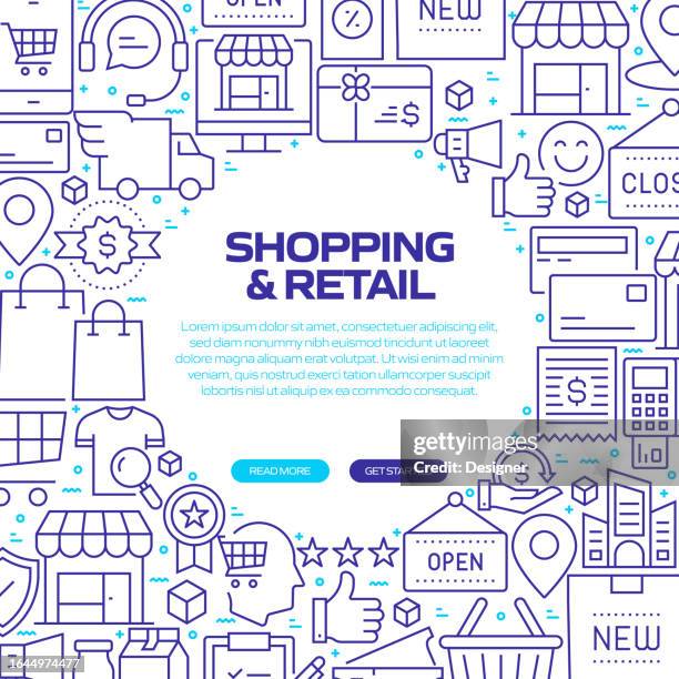 shopping and retail web banner with linear icons, trendy linear style vector - fashion show vector stock illustrations